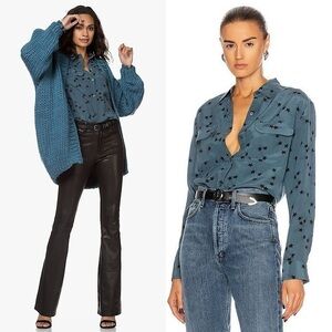 EQUIPMENT FEMME Teal Silk Star Print Long‎ Sleeve Button Up Signature Blouse M